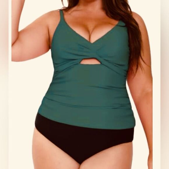 CUPSHE Tankini Swimsuit Cutout Ruched Mid Rise Reversible Bottom Size 3X NEW - Picture 1 of 16